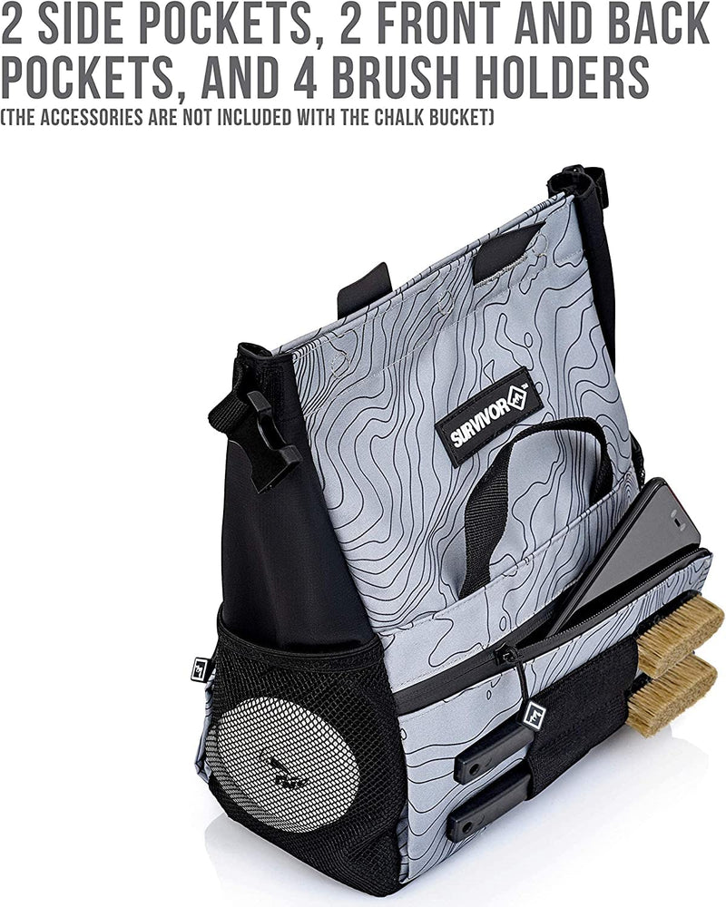 SURVIVOR Chalk Bucket - Large Size Chalk Bag for Rock Climbing & Bouldering - Light Gray Chalk Pot with Magnetic Closure, 2 Zippered Pockets, 2 Side Pockets & 4 Brush Holders - Boulder Equipment Gear - BeesActive Australia