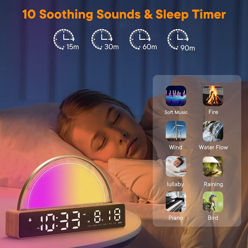 AFEXOA Sunrise Alarm Clock, Wake Up Light with Sunrise Simulation, White Noise Machine, Touch Control Bedside Lamps Dimmable Multicolor Night Light, 10 Nature Sounds, Snooze/Timer/Temperature Display Wooden - BeesActive Australia