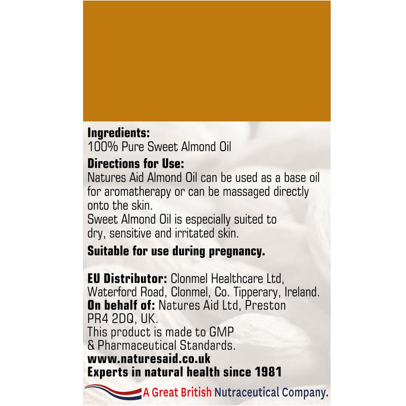 Natures Aid Almond Oil, Pure, Sweet Almond Oil, Massage Oil, Suited to Dry, Sensitive Skin, 150 ml (Pack of 1) - BeesActive Australia