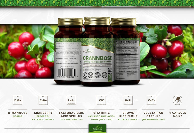 Ezyleaf CrannBose D Mannose Capsules + Probiotics CrannBerry Extract Vitamin C | 90 DMannose Capsules | D-Mannose 500mg, Lactobacillus Acidophilus Probiotic | Vegan & Allergen Free | UK ISO Certified - BeesActive Australia