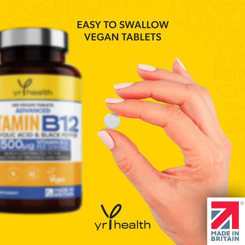 Vegan Vitamin B12 Tablets 1500mcg Methylcobalamin High Strength with Added Folic Acid & Black Pepper - 180 Tablets (6 Month Supply) - Reduction of Tiredness & Fatigue - Made in The UK by YrHealth - BeesActive Australia