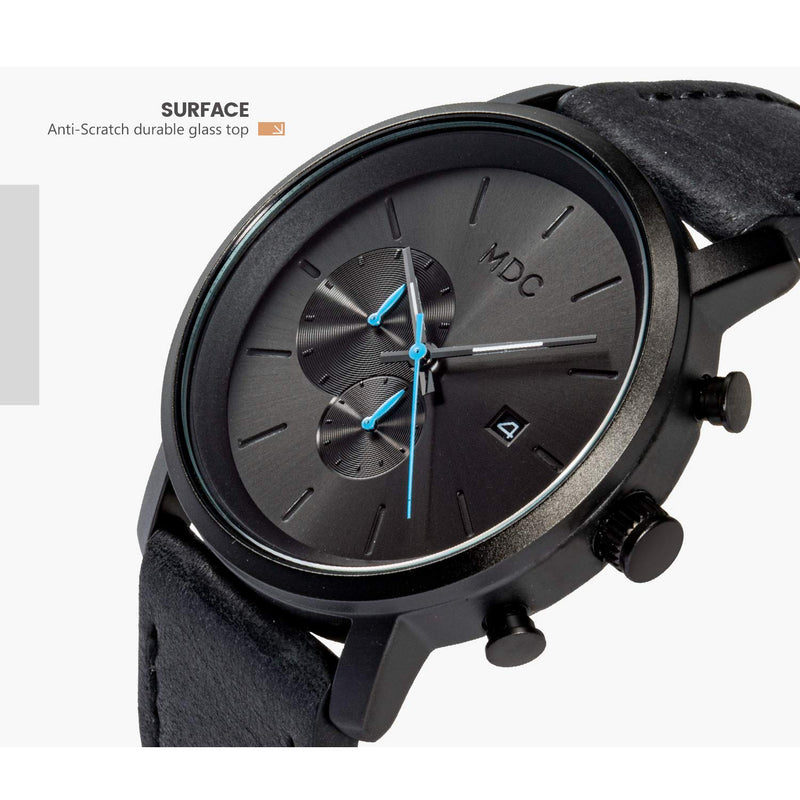 MDC Mens Fashion Watches Black, Chronograph Quartz Wrist Watches for Men, with Auto Date Waterproof, Genuine Leather Band Black Leather Strap - BeesActive Australia