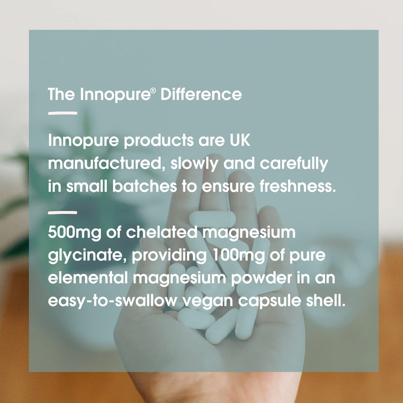 INNOPURE Magnesium Glycinate Capsules - Bioavailable Magnesium Supplements - 500mg Per Capsule Providing 100mg of Elemental Magnesium Bisglycinate Powder, 90 Capsules, UK Made 90 count (Pack of 1) - BeesActive Australia