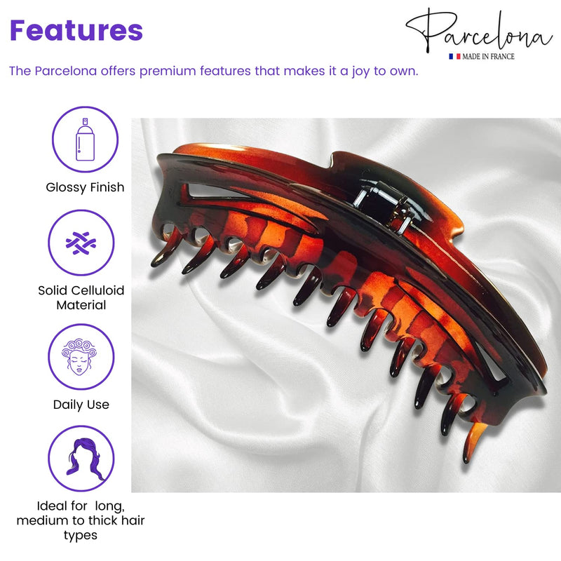 Parcelona French Bend Narrow Large Jumbo 6" Tortoise Shell Cellulose No Slip Grip Covered Spring Jaw Hair Claw Clip Clamp for Women Girls Durable Paris Hair Accessories, Made in France (Shell) - BeesActive Australia
