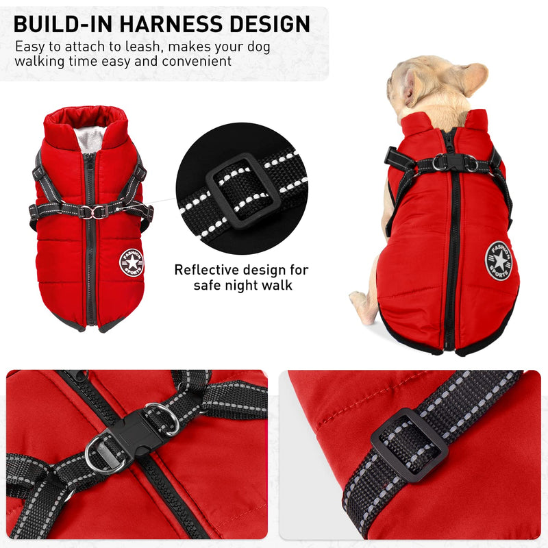 Dog Jacket for Small Medium Dogs - Dog Winter Coat Fleece Lined with Harness Cozy Warm - Waterproof Windproof Dog Cold Weather Vest with Zipper Easy Wear - Reflective Dog Winter Clothes Outdoor Hiking Red XL - BeesActive Australia