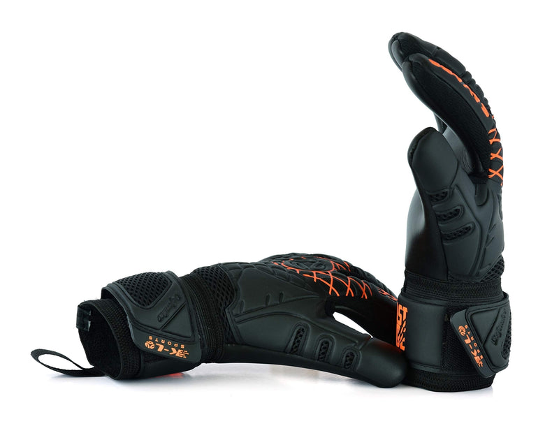 K-LO Fingersave Goalkeeper-Soccer Goalie Gloves- Savage Blackout-Professional Extra Precision Grip, German Latex Build-Negative Cut, Inside Silicone Gel, Non-Slip-Youth-Kids + Adult Sizes-Black Black and Orange 5 - BeesActive Australia