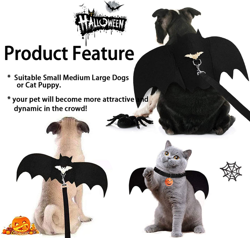 Halloween Dog Costume Pet Bat Wings, Funny Costumes for Medium Large Dogs, Puppy Cosplay Apparel with Dog Leash and Pumpkin Bells, Adjustable Bat Wing for Party Outfit Clothes Black L：Under 85 pounds - BeesActive Australia