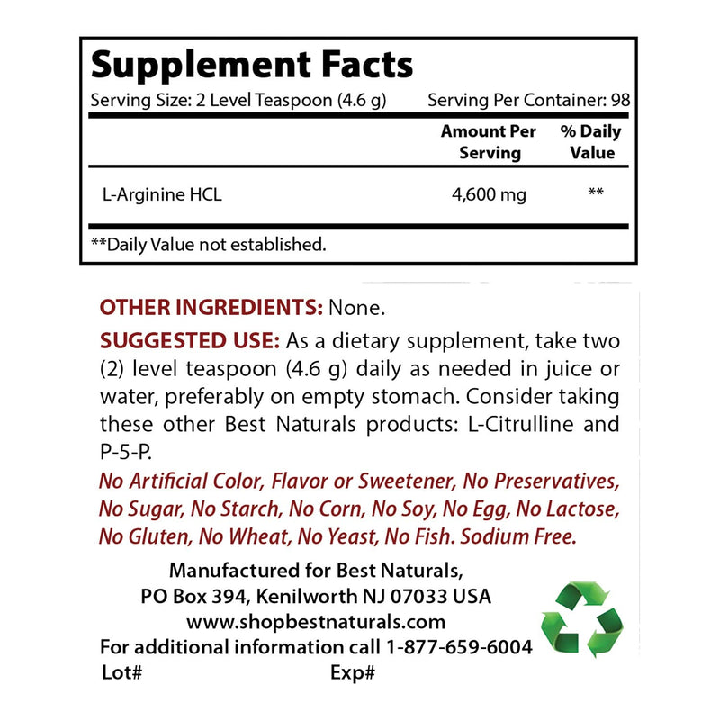 Best Naturals L-Arginine Powder 1 Pound - Pure Pharmaceutical Grade Free Form - Best Amino Acid Arginine Supplements for Women & Man - Promotes Circulation and Supports Cardiovascular Health - BeesActive Australia