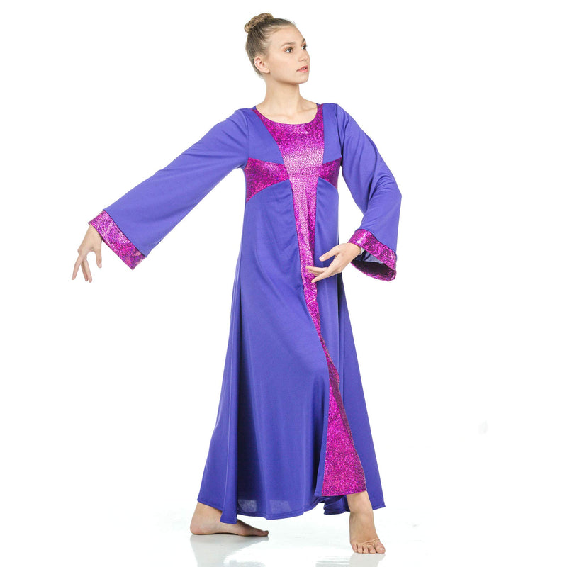 [AUSTRALIA] - Danzcue Praise Cross Long Sleeve Dress, Deep Purple-Metallic Deep Purple, L-XL-Adult 