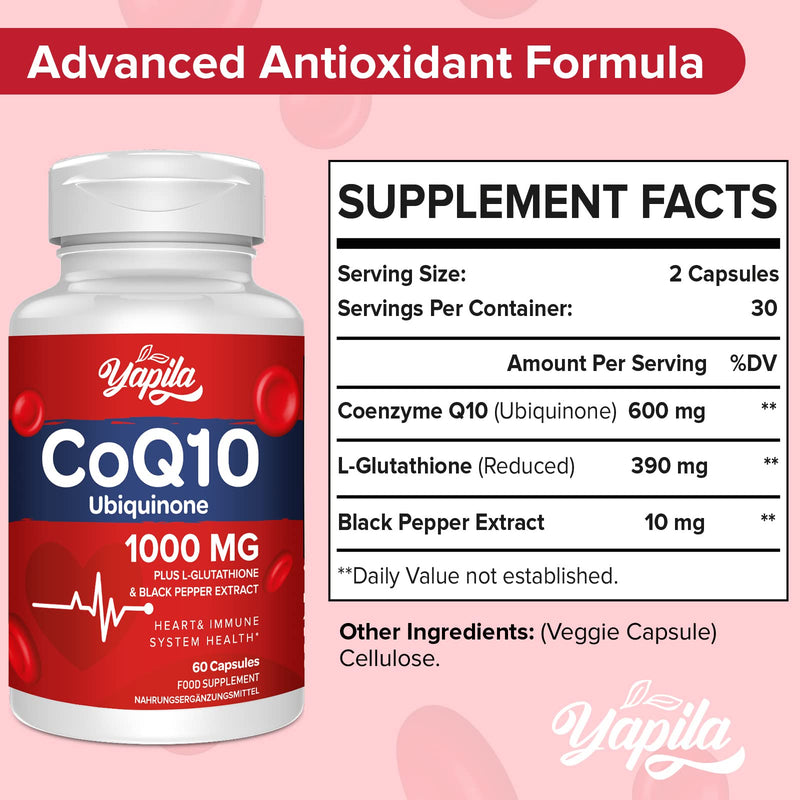 CoQ10 with L-Glutathione 1000mg Capsules - 100% Fermented Coq10 Supplement, High Absorption, Super Strength Coenzyme Q10, Antioxidant Supplements, Soy-Free, Glute-Free, Non-GMO, Vegan 60 count (Pack of 1) - BeesActive Australia