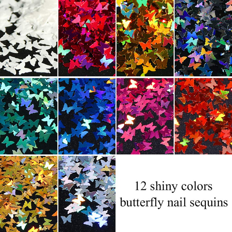 Butterfly Nail Art Sequins Holographic 3D Butterfly Nail Glitter Flakes Splarkly Laser Butterfly Nail Sequin Acrylic Paillettes Nail Sparkle Glitter Tips Nail Art Decoration Manicure Set (12 Colors) B - BeesActive Australia