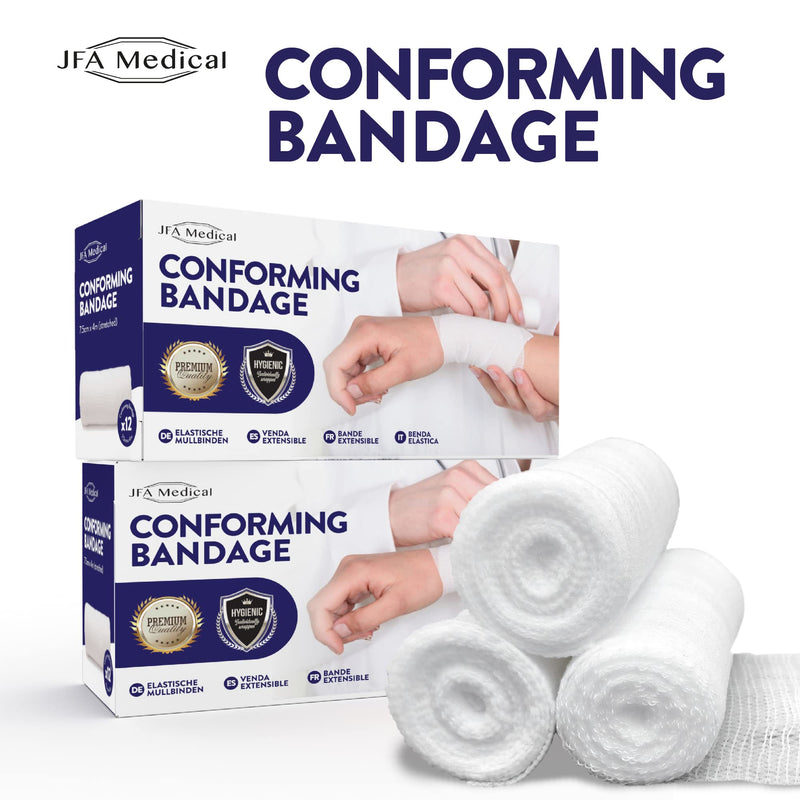 JFA Medical Conforming Bandage, Gauze Bandage Roll 7.5cm x 4m - Pack of 12 7.5cm x 4m (12 count) - BeesActive Australia