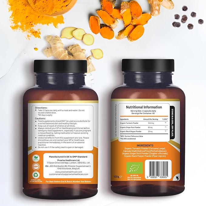 Turmeric Curcumin with Black Pepper & Ginger 1440mg I 120 Vegan Turmeric Capsule High Strength (2 Month Supplied) I Made in England by Prowise Health Care (Pack of 1) - BeesActive Australia