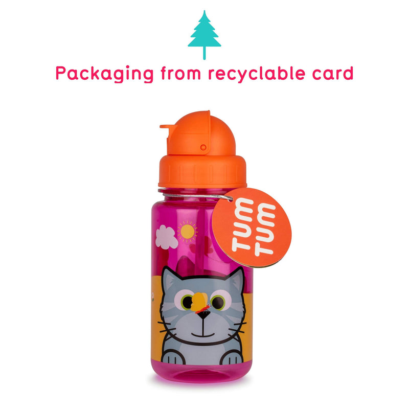 TUM TUM Flip Top Kids Water Bottle with Straw, Tritan Kids Drinks Bottle, 400ml, BPA Free (Cat) Bluebell - BeesActive Australia