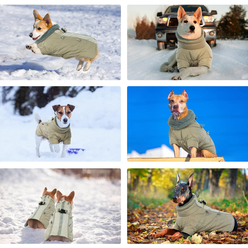 IDOMIK Dog Winter Coats Waterproof Windproof Cold Weather Jackets, Reflective High Collar Vests Warm Clothes With Harness, Thick Padded Fleece Snowsuits Pet Outfits Apparel For Small Medium Large Dogs X-Large Khaki - BeesActive Australia