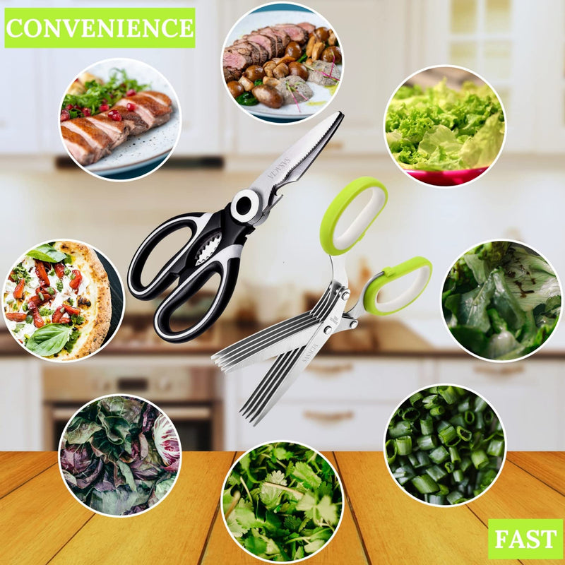SASACIA 5-Blade Herb Scissors & Kitchen Shears with Fruit Peeler - Complete Set for Fresh Herbs, Meat, Vegetables & Fruit - Easy to Clean, Heavy Duty, Stainless Steel. Black and Green - BeesActive Australia