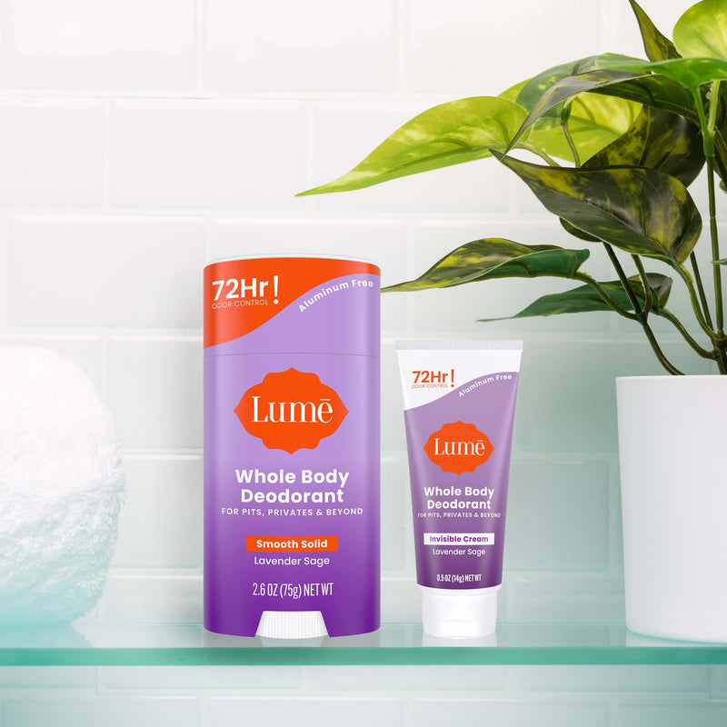 Lume Whole Body Deodorant - Invisible Cream Tube Mini and Solid Stick - 72 Hour Odor Control - Aluminum Free, Baking Soda Free, Skin Safe - 0.5 Ounce Mini Tube + 2.6 Ounce Solid Stick Bundle (Lavender Sage) Lavender Sage - BeesActive Australia