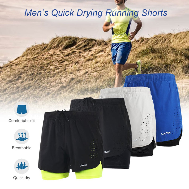 [AUSTRALIA] - Lixada Men's 2-in-1 Running Shorts Quick Drying Breathable Active Training Exercise Jogging Cycling Shorts Black Large 