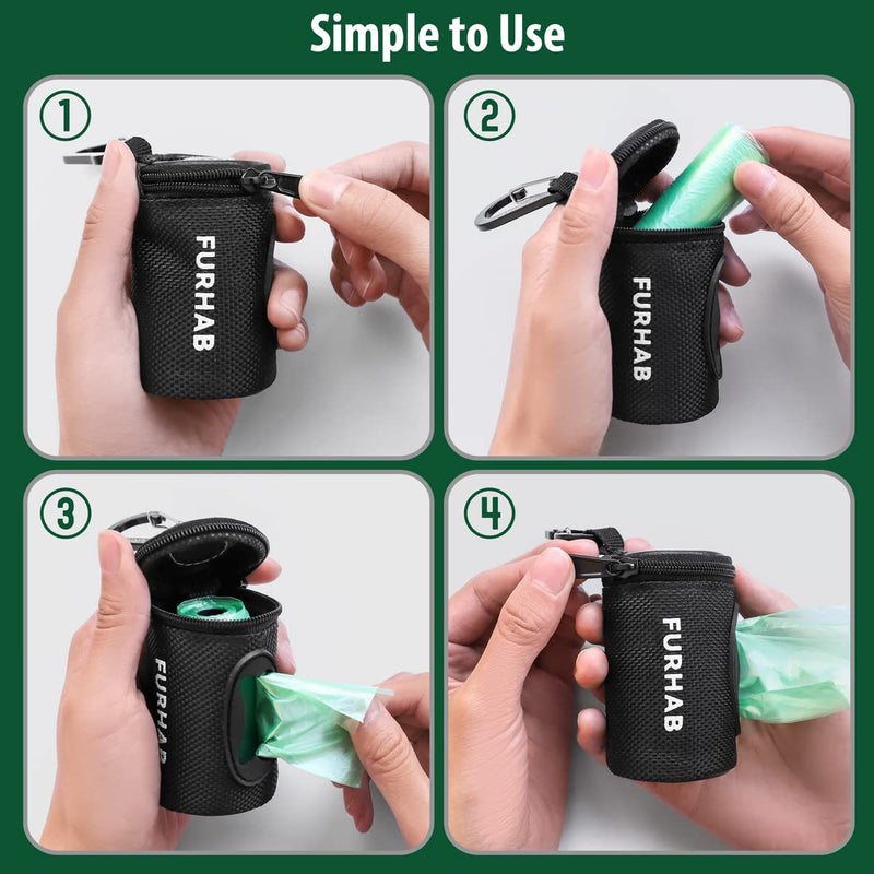 FURHAB Dog Poop Bag Holder Doggie Waste Bag Dispenser for Leash 1680D Nylon Oxford Small Zipper Pouch with Carabiner Clip for Belt Bone-Shaped Opening Portable Set with 1 Roll of Pet Trash Bags, Black - BeesActive Australia