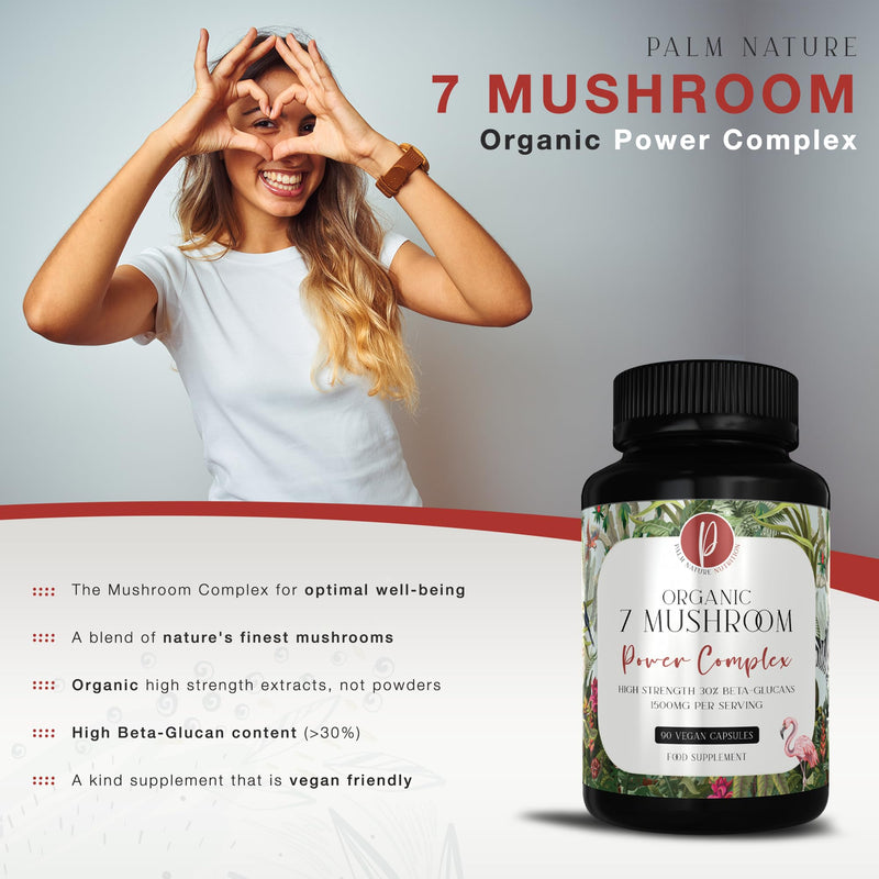 Palm Nature 7 Mushroom Complex - High Strength Extracts Not Powders - 30% Beta-Glucans - 90 Capsules - 1500mg Per Serving - Lions Mane, Chaga, Reishi, Shiitake, Maitake, Tremella, Cordyceps - BeesActive Australia