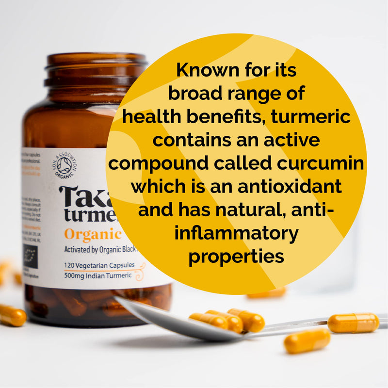 Taka Turmeric, 120 Caps Organic Turmeric with Black Pepper Extract Tumeric Curcumin Supplement, High Strength Tumeric Capsules with Curcumin and Black Pepper, Vegan, Recyclable Packaging 1 Bottle (120 Capsules) - BeesActive Australia