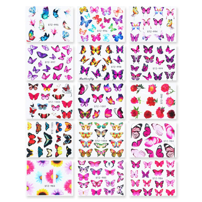 WOKOTO 54 Sheets Water Slide Nail Art Decals with 1Pc Tweezers Butterfly Flower Design Nail Water Transfer Stickers Manicure 3D Decoration KIT1 - BeesActive Australia