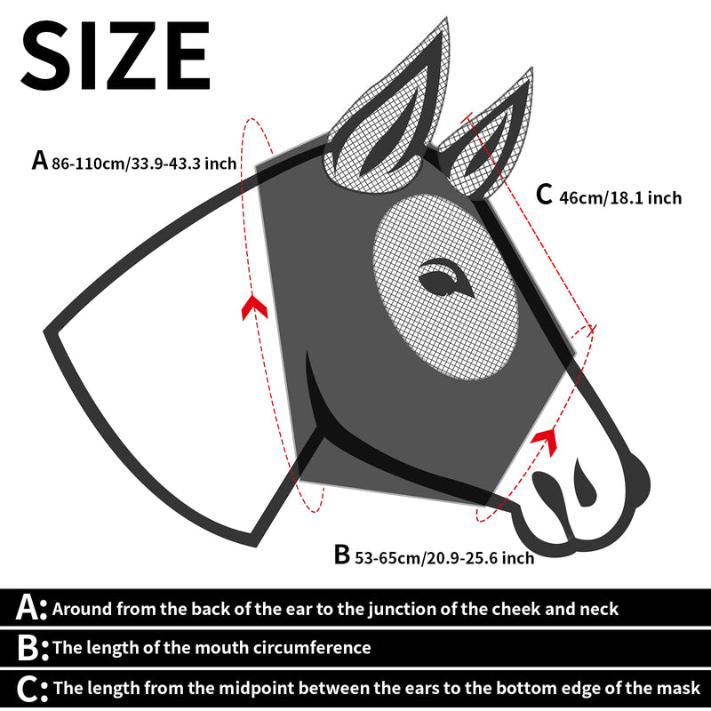 2 Pieces Horse Fly Mask, Horses Mask with Ears and Long Nose Protection, Smooth & Elasticity Lycra Fine Mesh Horse Head Cover with UV Protection Black,Gray L - BeesActive Australia