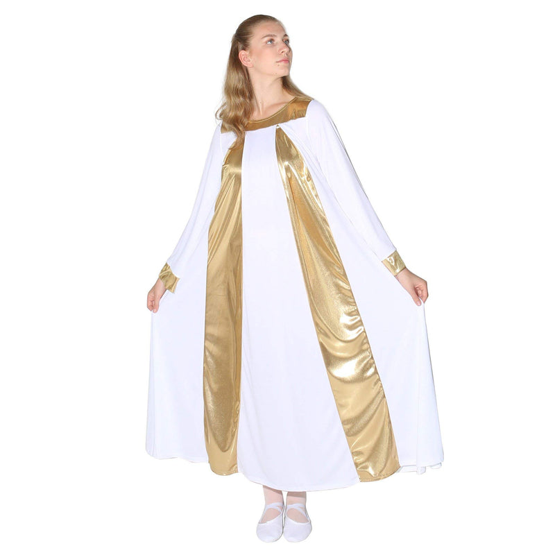 [AUSTRALIA] - Danzcue Praise Symmetrical Long Sleeve Dress, White-Gold, L-XL-Adult 