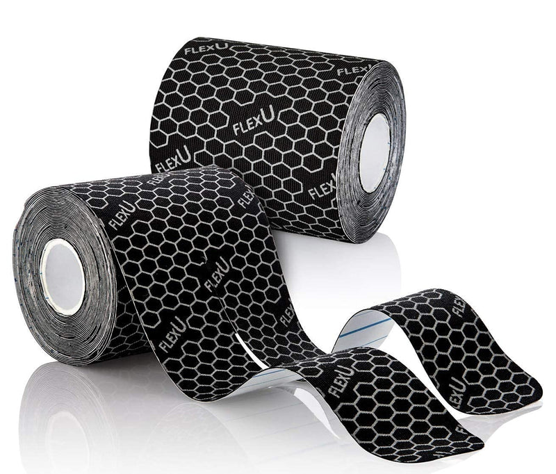 FlexU Kinesiology Tape ; Ultra-Wide Y Shape ; 3 or 4 Wide x 10 Long Pre Cut Strips; Designed for Knee, Shoulder & Back (Lower & Upper) Applications. 2 Roll Pack Black. 3" Pre-cut Y Shape Kinesiology Tape - BeesActive Australia