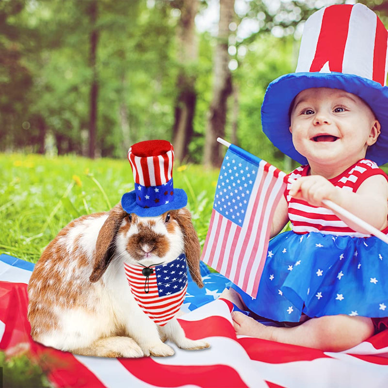 CooShou 4 Pcs Pet Independence Day Costume Pet 4th of July Guinea Pig Hat and Bandana Uncle Sam Rabbit Hat American Flag Small Animals Hat Bandana Triangle Bib Scarf with Stars and Stripes Pattern Large - BeesActive Australia