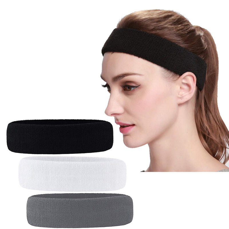 3 Pack Men & Women Sweatband Headband Terry Cloth Moisture Wicking for Sports Tennis Gym Work Out White,Black,Gray - BeesActive Australia