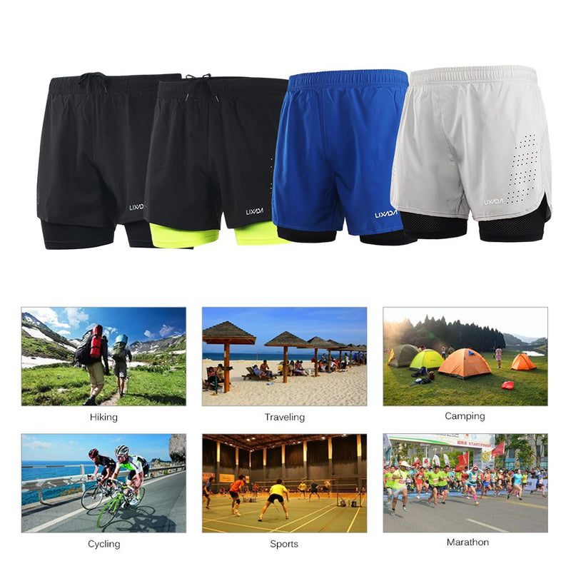 [AUSTRALIA] - Lixada Men's 2-in-1 Running Shorts Quick Drying Breathable Active Training Exercise Jogging Cycling Shorts Black Large 