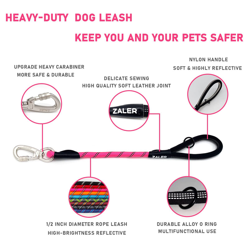 ZALER Short Dog Leash, Rope Traffic Leashes for Dogs, Reflective Dog Lead with O-Ring, Heavy Duty Leash for Large and Medium Dogs Pink 18 inches - BeesActive Australia