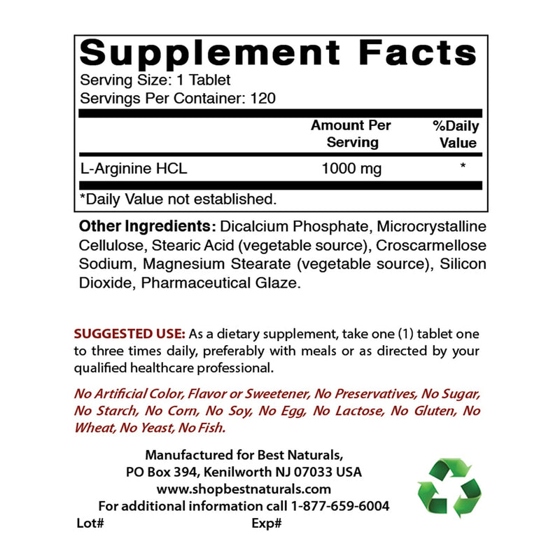 (New Improved Formula) Best Naturals L-Arginine 1000 mg 120 Tablets - Pharmaceutical Grade L Arginine Supplement Promotes Nitric Oxide Synthesis 120 Count (Pack of 1) - BeesActive Australia
