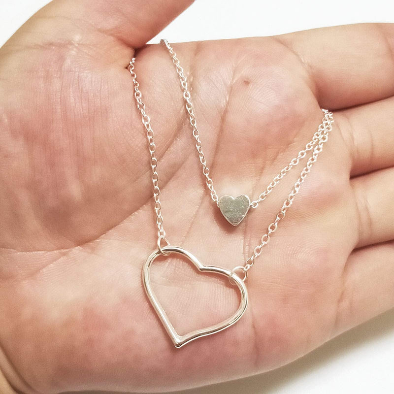 Heart Pendant Necklace Boho Geometric Heart-Shape Necklace Chain Jewelry for Women Girls (Silver) Silver - BeesActive Australia