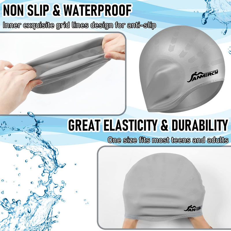 3 Pieces Swim Caps for Kids with 3D Ear Pocket, Swimming Cap Silicone Bathing Swimming Caps with 2 Pairs Ear Plugs Nose Clip for Women Men Kids Teens Adults - BeesActive Australia