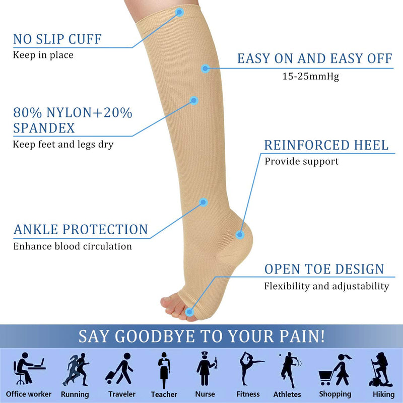 Evolyline 3 PAIRS Compression Socks for Women & Men, Open Toe Medical Compression Stockings Knee High 15-25mmHg for Nurses Running Flying Pregnancy Flight Sports, Fit for Swollen Ankles Varicose Veins Beige L-XL - BeesActive Australia