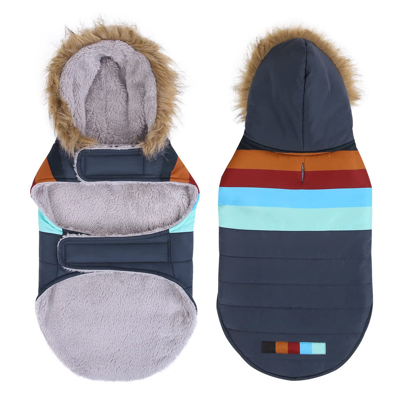 HDE Dog Puffer Jacket Fleece Lined Warm Dog Parka Winter Coat with Harness Hole X-Large Navy Retro Stripe - BeesActive Australia
