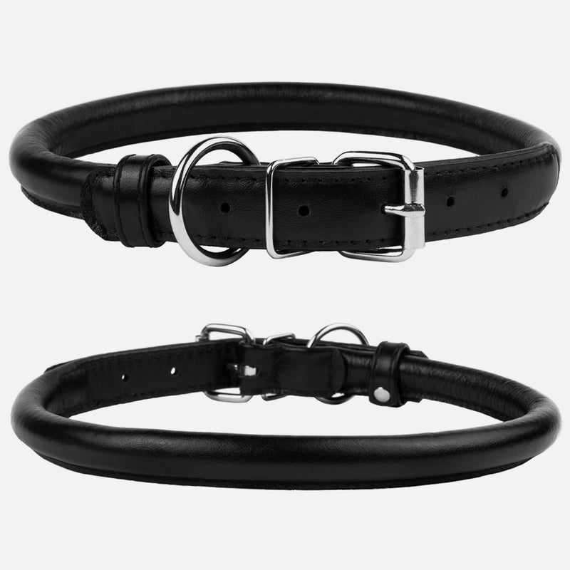 CollarDirect Rolled Leather Dog Collar, Soft Padded Round Puppy Collar, Handmade Genuine Leather Collar for Dog Small Large Cat Collars Black Pink Red Purple Blue 8-11 Inch Black Smooth - BeesActive Australia