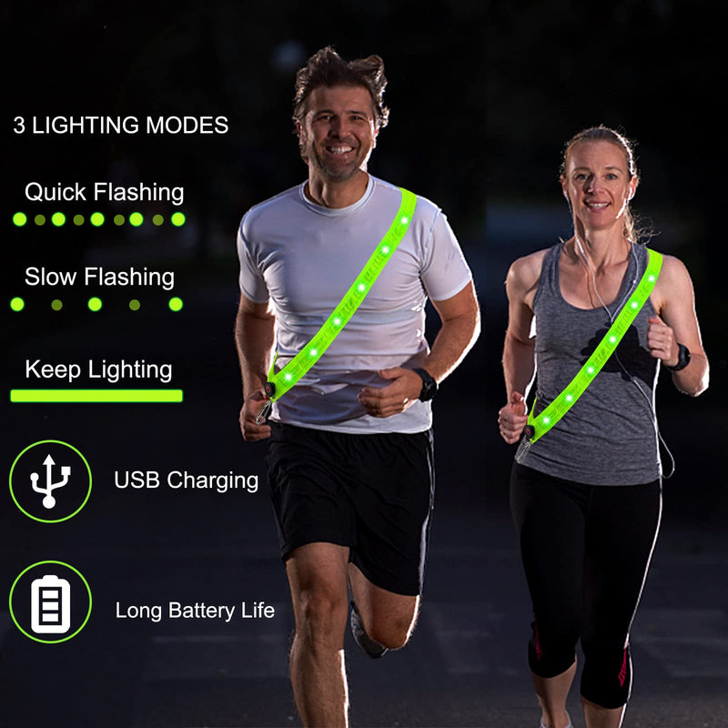 Carasylvia LED Reflective Running Gear Belt Sash - USB Rechargeable Light Up High Visibility Safety Gear with 2 Reflective Armbands for Runners, Bikers, Walkers, Pet Owners - BeesActive Australia