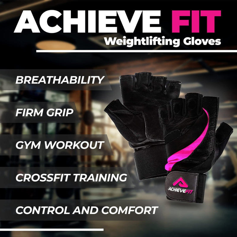 ACHIEVE FIT Weightlifting Gloves - Leather Palm for Fitness savvy Men & Women Firm Grip, Control & Comfort for Weight Lifting, Crossfit Training, Gym Workout (Pair) Large, With Wrist Support Black/Pink - BeesActive Australia