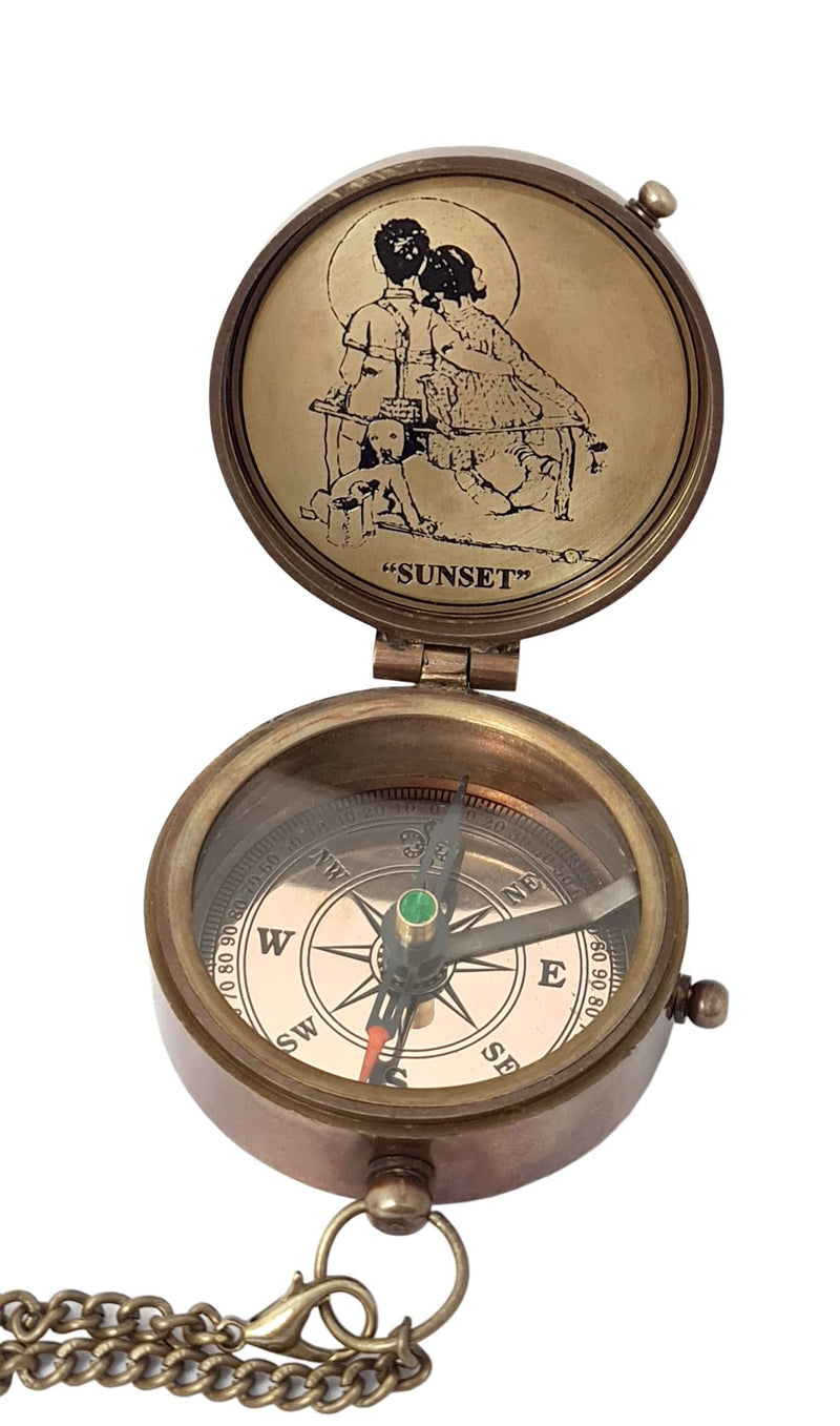 Brass Nautical - Engraved Compass with a Romantic Emotional Message, Gift for Husband, Anniversary, Wedding Gift for Him, Long Distance Gift, I Miss You, Valentine Grow Old Along With Me, With Sunset Painting - BeesActive Australia
