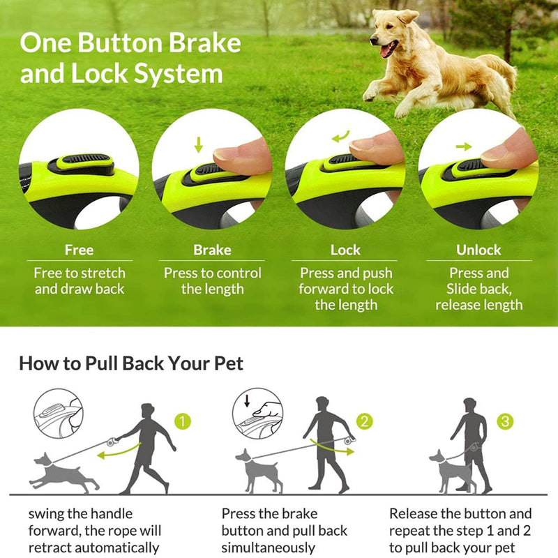 Retractable Dog Leash, 360 Degree Tangle-Free, 16ft Heavy Duty Pet Walking Leash with Anti-Slip Handle for Small/Medium/Large Dog or Cat, Strong Reflective Nylon Tape, One-Handed Brake, Pause, Lock Green - BeesActive Australia