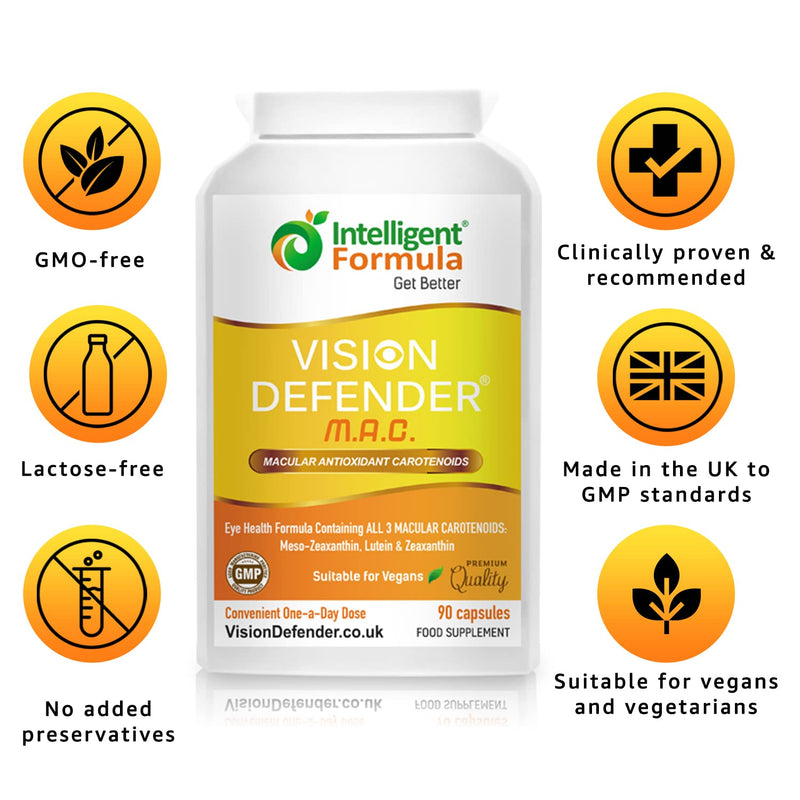 Lutein, Zeaxanthin & Meso-Zeaxanthin Eye Supplement: Vision Defender MAC � Antioxidant Carotenoids �Eye Vitamins� for Eyesight, Eye Care & Health - Vegan/Vegetarian - 90 Capsules/One-A-Day -Made in UK - BeesActive Australia