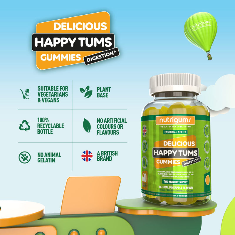 Happy TUMS (Probiotics) 60 Vegan Gummies Pineapple Flavour | Gut & Digestive Health 1.25 Billion CFU Probiotics, Vitamins C, B3, B5, B6, Chamomile and Xylitol | Adults + Kids Age 5+ by NUTRIGUMS� - BeesActive Australia