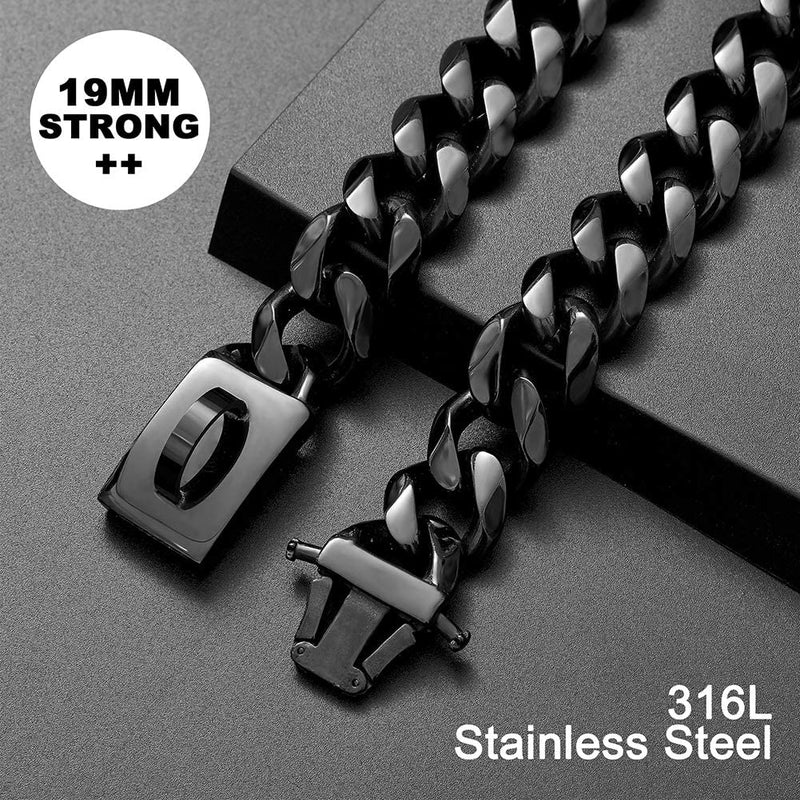 W/W Lifetime Dog Chain Collar Walking Training Collar with Design Secure Buckle 19MM Black Cuban Link Strong Heavy Duty Chew Proof Chain for Medium Large Dogs American Pitbull German Shepherd 20" - BeesActive Australia