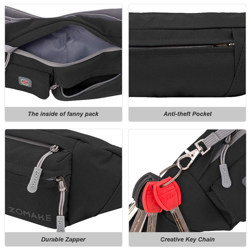 ZOMAKE Fanny Pack for Men Women, Slim Belt Bag Water Resistant Small Waist Bag Pack with 4 Pockets for Running Cycling Workout Fit All Phones Black - BeesActive Australia