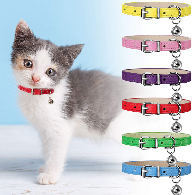 6 Pieces Leather Pet Cat Collars with Bell Soft Adjustable Leather Kitten Collars Cute Pet Collars for Small Cat Kitten Puppy Bright Color - BeesActive Australia