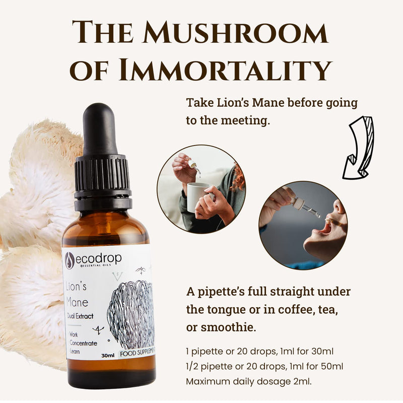 Ecodrop Organic Lions Mane Mushroom I 30ml I Double Extract Liquid Tincture Lions Mane Supplement I EU & Soil Association Certified I Manufactured in Finland Lion's Mane 30 ml (Pack of 1) - BeesActive Australia