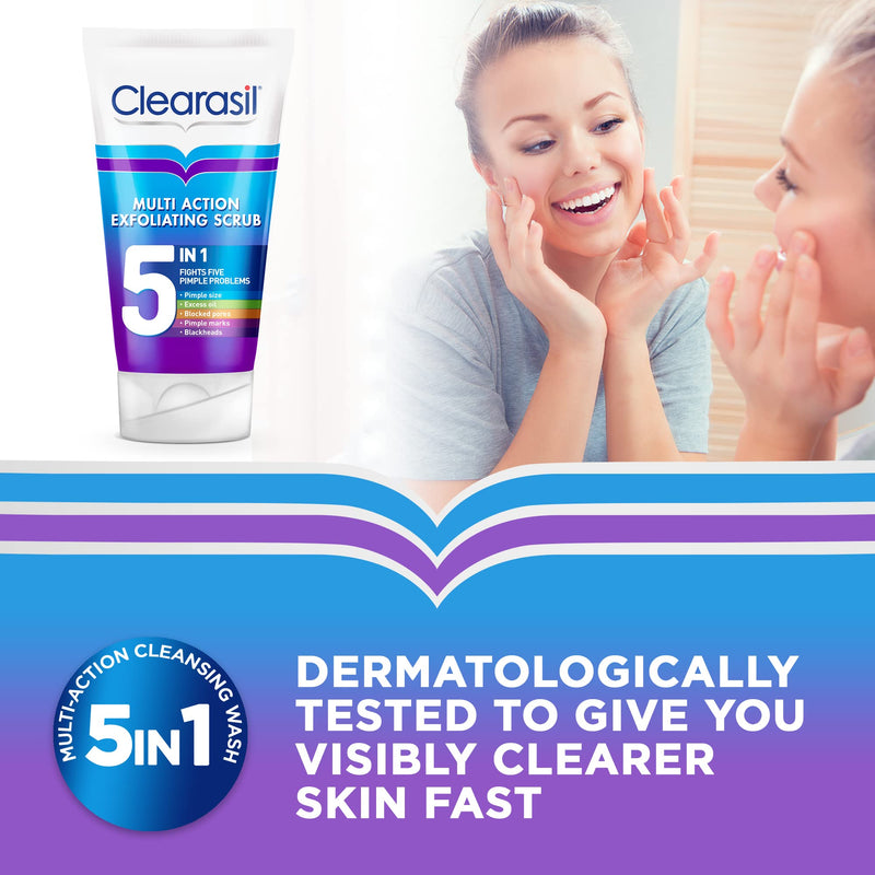 Clearasil 5 in 1 Exfoliating Scrub, For Acne Prone Skin, Unclog Pores, Reduces Blackheads, Pimples and Excess Oil, Everyday Spots Prevention, 150 ml - BeesActive Australia